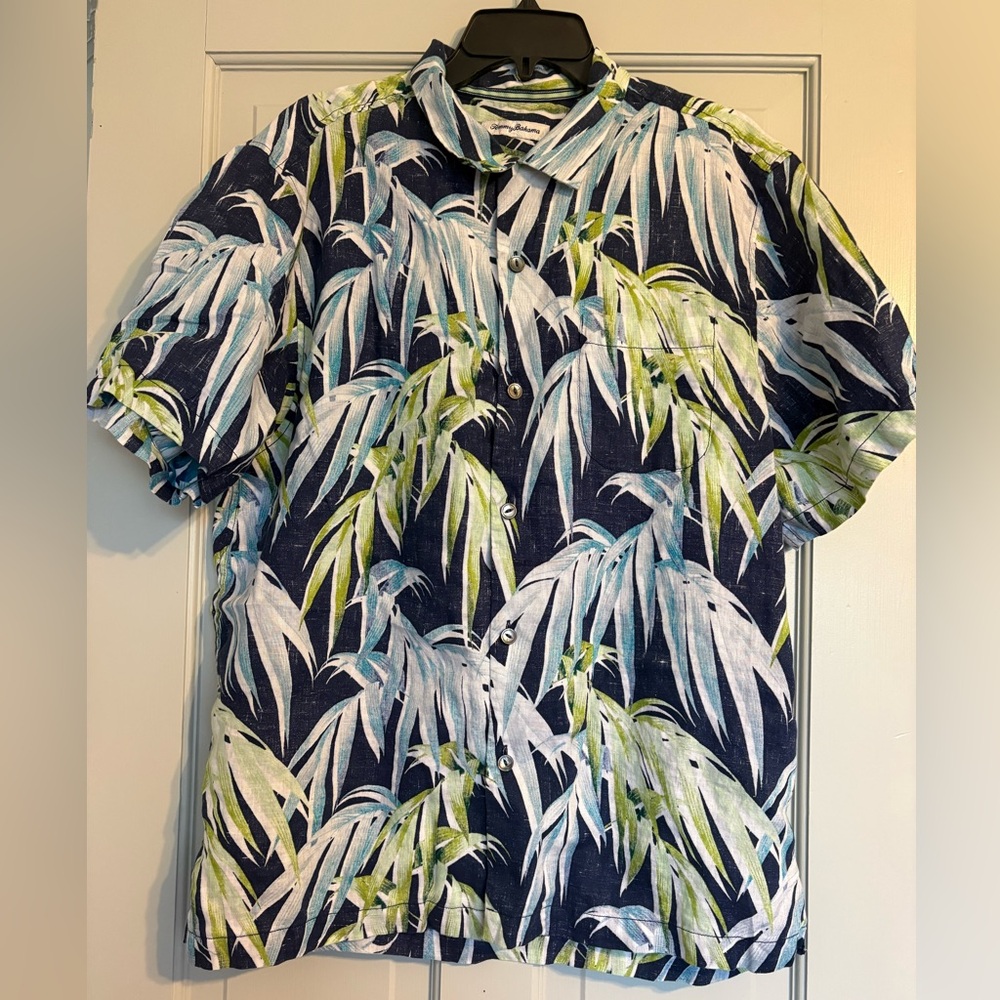 Tommy Bahama Large 100% Linen Tropical Short Sleeve Button Down Shirt beach